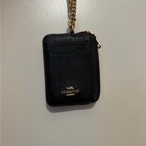 Coach Black Pebbled Leather Zip Card Case with Gold Chain Accent